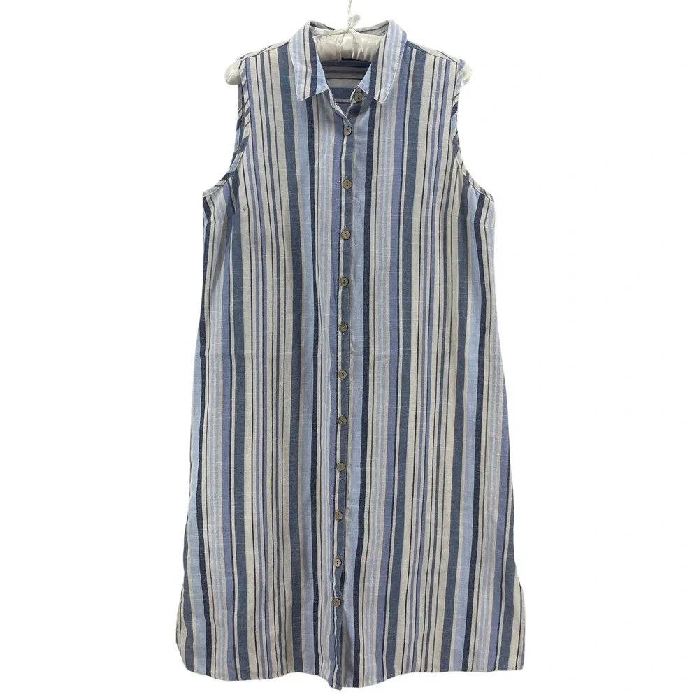 Mlle Gabrielle Shirt‎ Dress Womens L Blue Cotton Blend Stripe Sleeveless Coastal